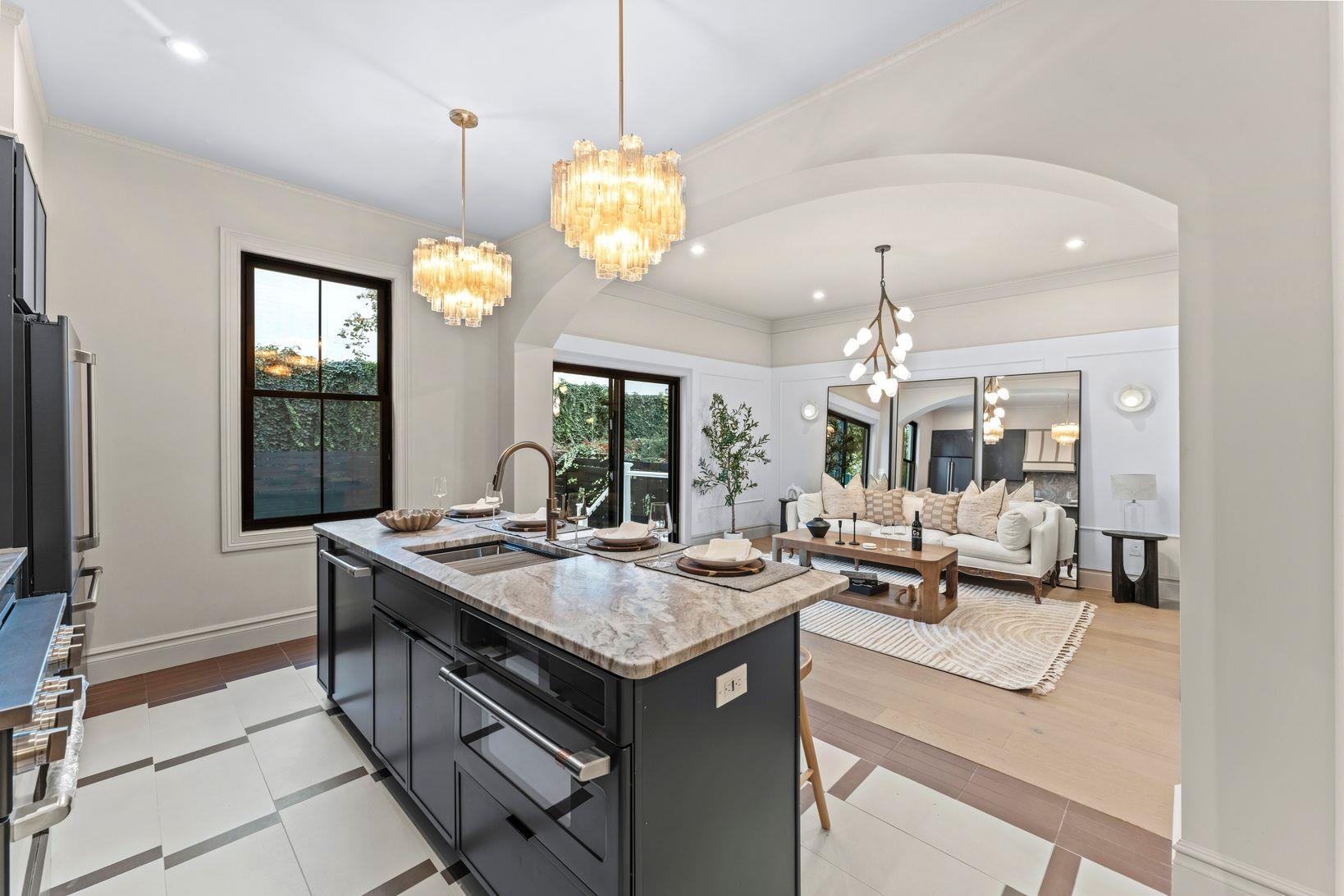 a kitchen with a stove and a table