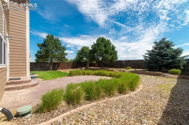 a view of a backyard with pathway