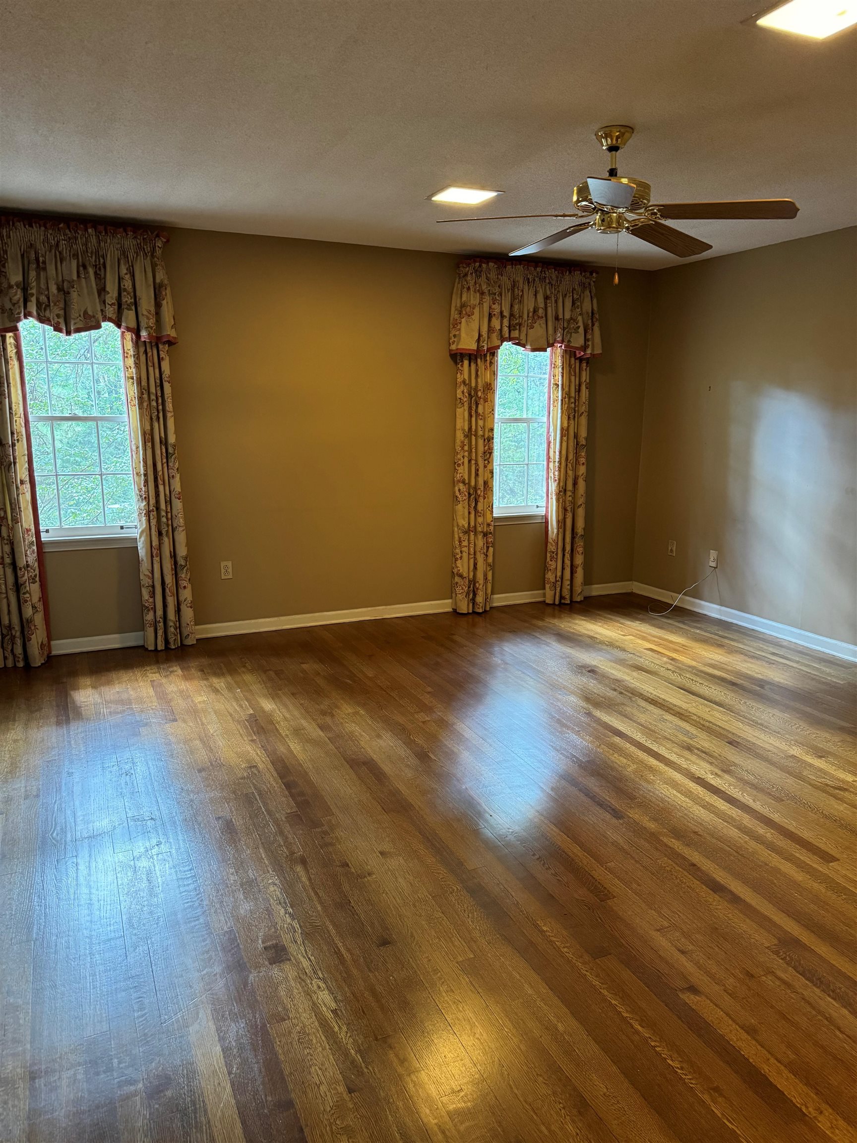 6738 River Birch Road Memphis, TN 38119 - Photo 10 of 17 Empty room with a textured ceiling, a healthy amount of sunlight, ceiling fan, and dark hardwood / wood-style flooring