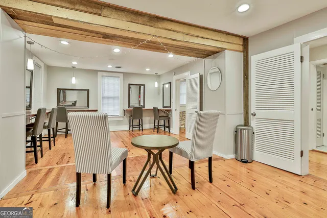 a view of a dining room with furniture