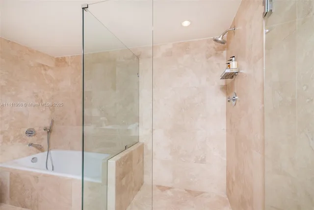 a bathroom with a bathtub and a shower