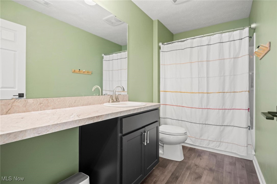 37174 Amber Way North Ridgeville, OH 44039 - Photo 24 of 40 Bathroom with vanity, wood finished floors, curtained shower, and a textured ceiling