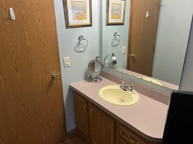 a bathroom with a sink and a mirror