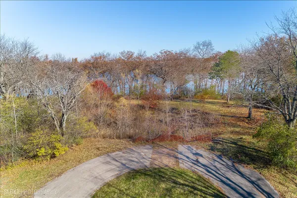 a view of a yard with trees in front of it