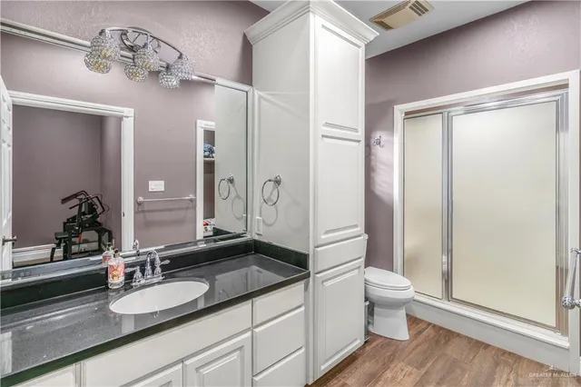 a bathroom with a granite countertop sink a toilet a mirror and shower