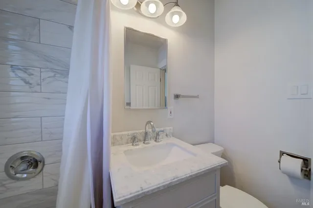 a bathroom with a sink toilet and mirror