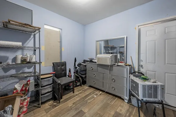 a room with a workspace