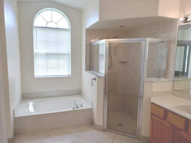 a bathroom with a granite countertop bathtub shower sink and mirror