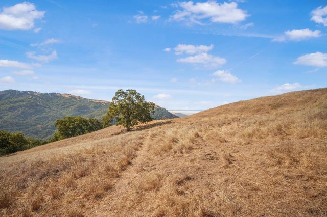 a view of a dry yard with mountains in the background