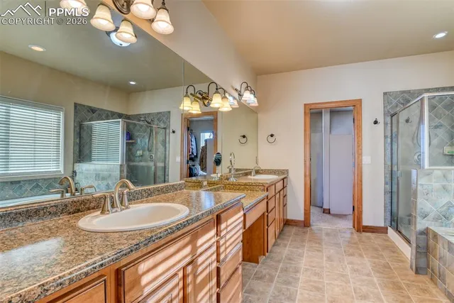 a bathroom with a granite countertop sink a large mirror and a shower