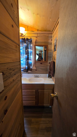 5782 Pineview Loop, Unit 921 Kamas, UT 84036 - Photo 9 of 29 Compact bathroom featuring wood-finish wall paneling and sloped wood-finish ceiling