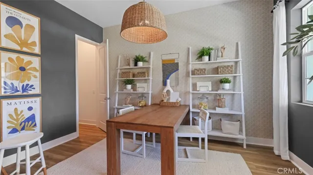 a view of a dining room with furniture