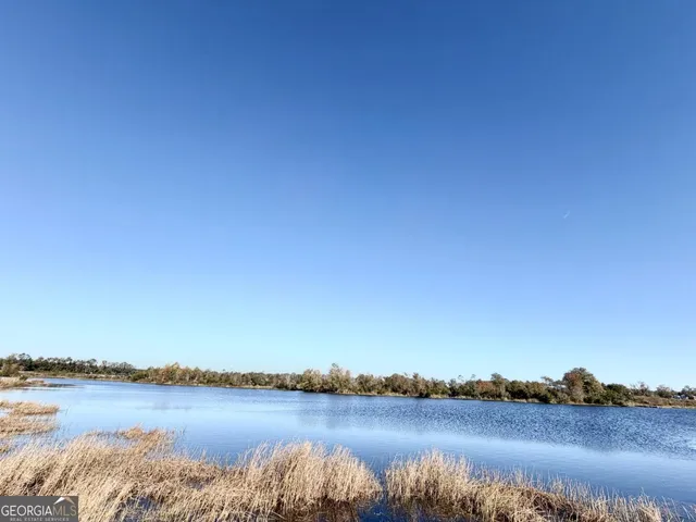 a view of a lake with houses in the background