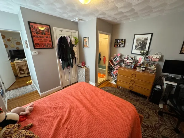 a bedroom with a bed and a flat tv screen on the dresser