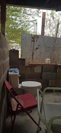 a view of dirt yard with a large tree