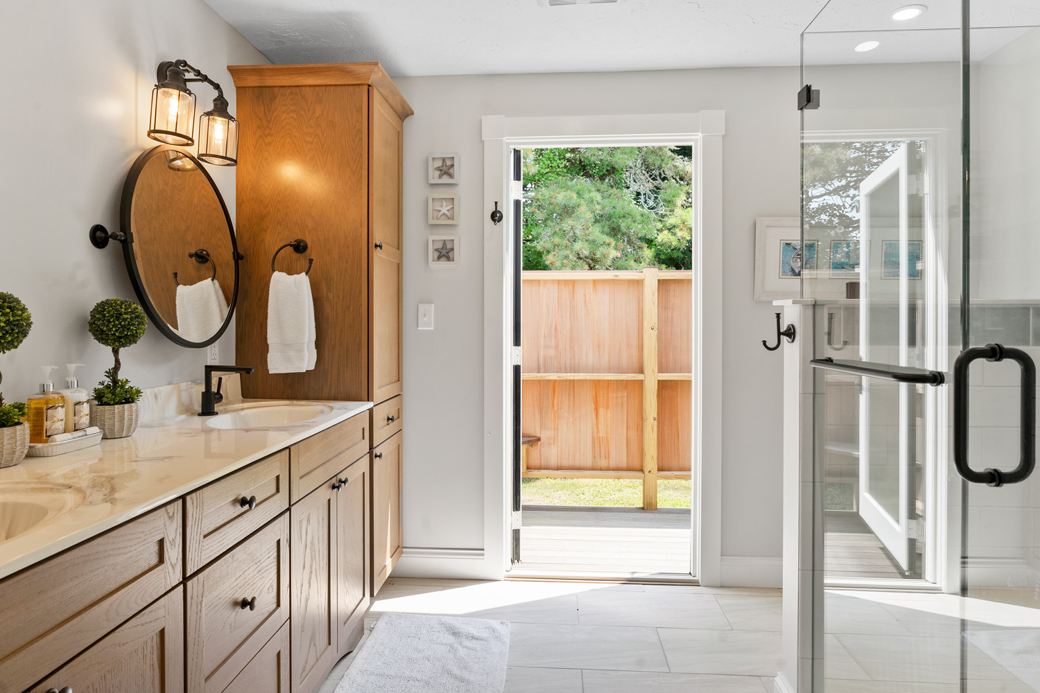 5 Katama Drive Edgartown, MA 02539 - Photo 14 of 28 a bathroom with a double vanity sink mirror and shower
