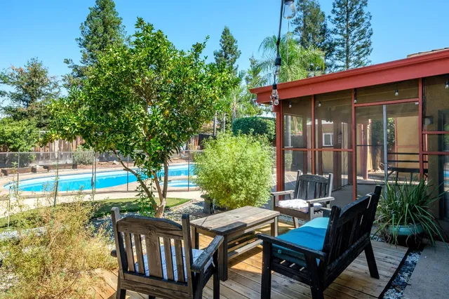 an outdoor view with patio