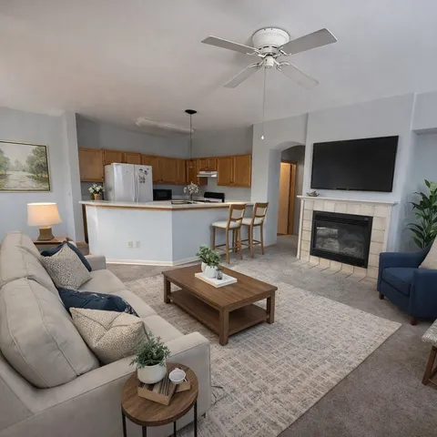 a living room with furniture and a fireplace