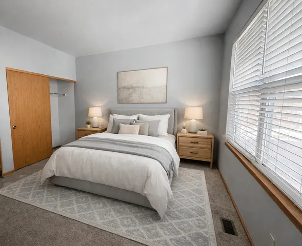 a bedroom with a bed and a large window