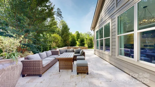 a outdoor space with patio the couches and a dining table with large trees