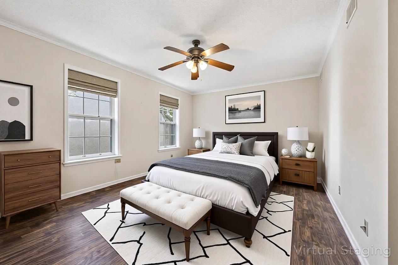 865 South Yates Road, Unit 1 Memphis, TN 38120 - Photo 9 of 25 Bedroom with dark wood-style flooring, ceiling fan, and crown molding
