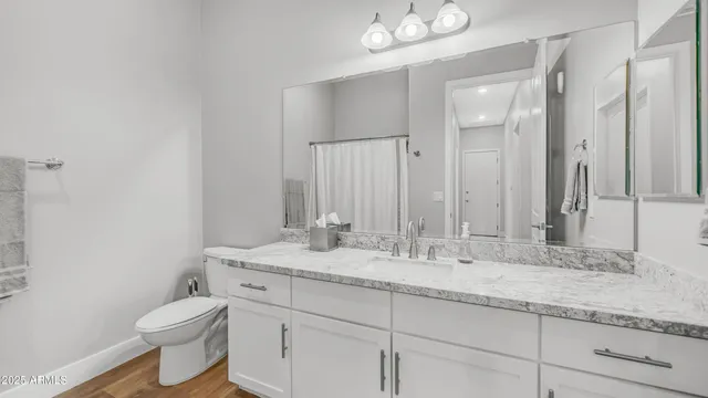 a bathroom with a granite countertop sink a toilet and a mirror
