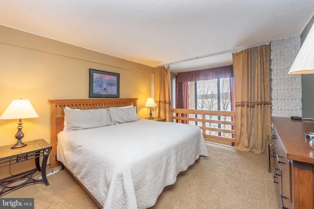 a bedroom with a large bed and a large window