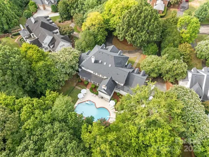 an aerial view of a swimming pool