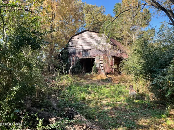 a view of a house with a small yard and large trees