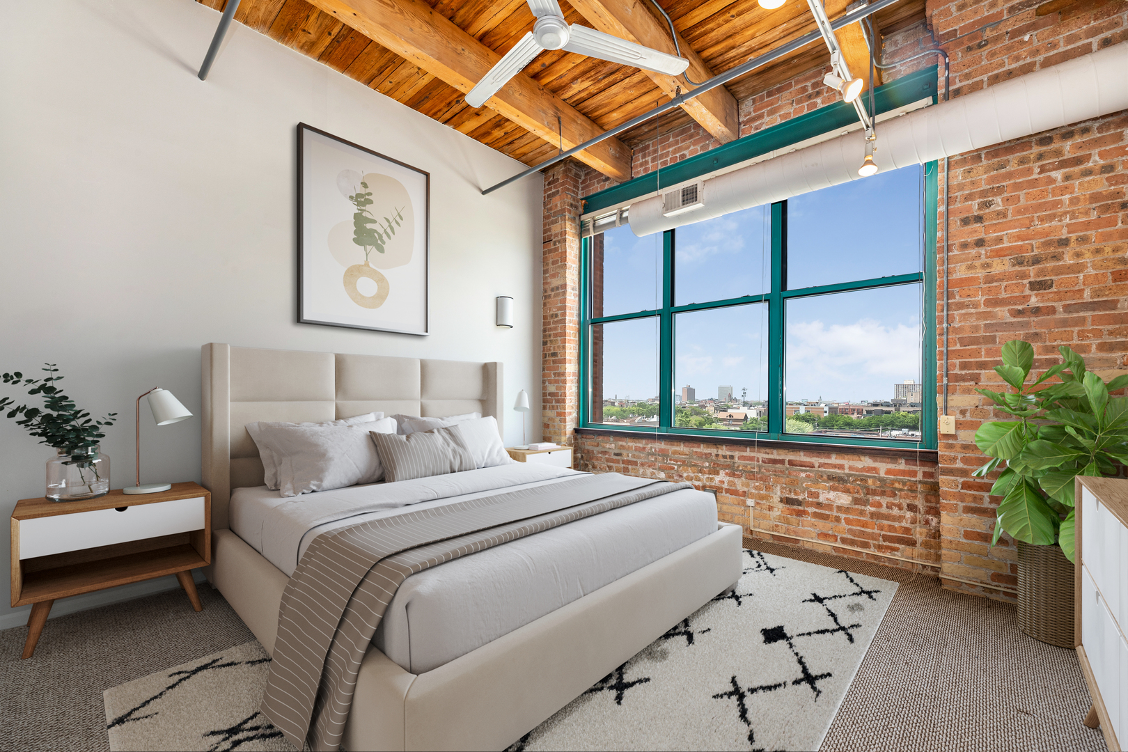 312 North May Street, Unit 5F Chicago, IL 60607 - Photo 11 of 16 a bedroom with large windows and a potted plant