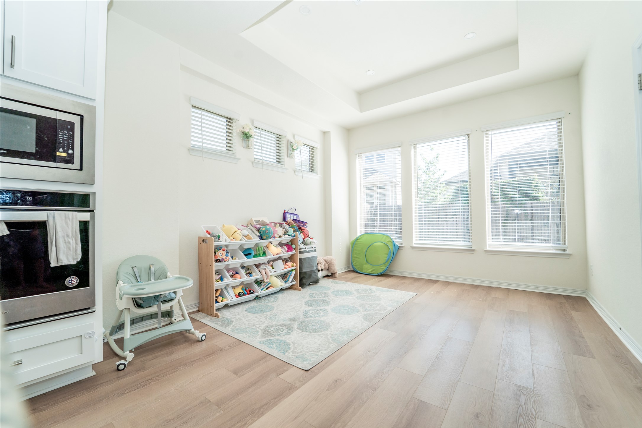 20813 Carries Ranch Road Pflugerville, TX 78660 - Photo 18 of 29 Rec room featuring light wood-style flooring and a raised ceiling