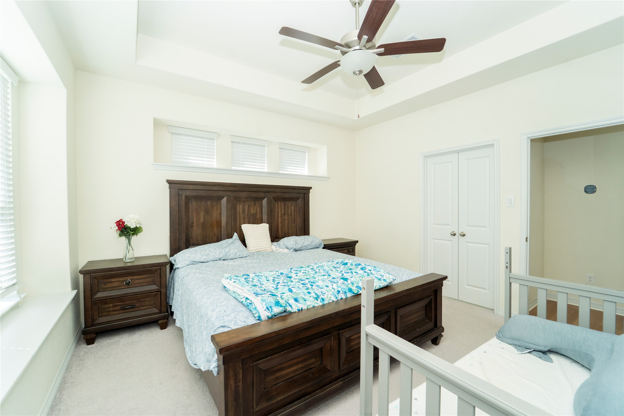 20813 Carries Ranch Road Pflugerville, TX 78660 - Photo 29 of 29 Bedroom with light carpet, a raised ceiling, ceiling fan, and a closet