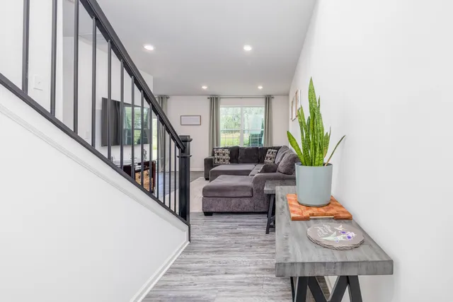 a living room with furniture and a potted plant