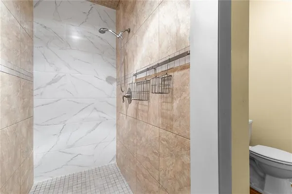 a bathroom with a shower and a toilet