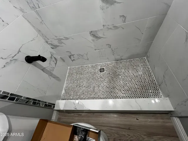 a bathroom with a toilet and a shower