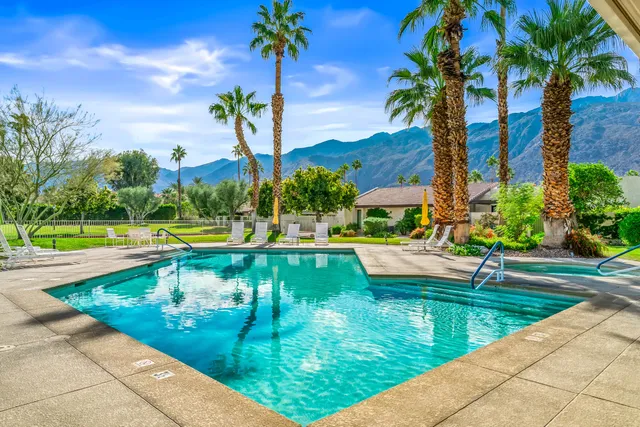 a view of a swimming pool with a garden