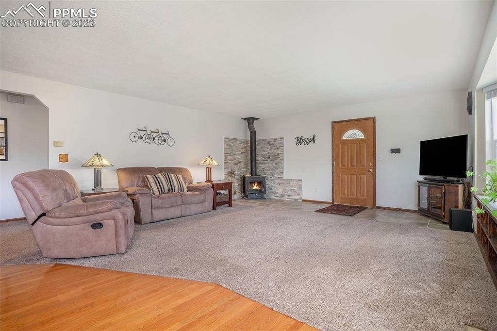 4810 Airport Road Colorado Springs, CO 80916 - Photo 6 of 41 a living room with furniture a flat screen tv and a fireplace