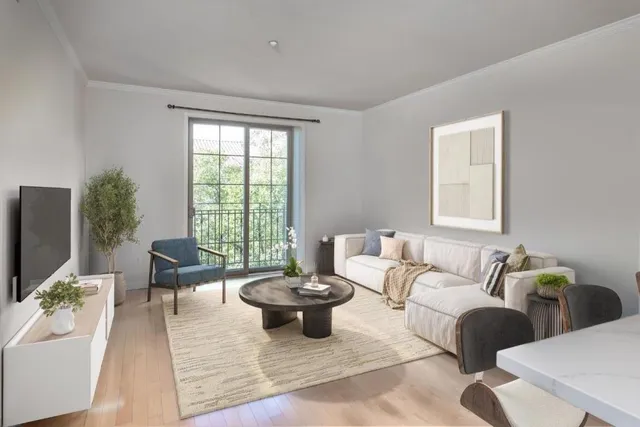 a living room with furniture potted plant and a window