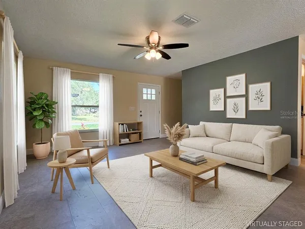 a living room with furniture and a large window