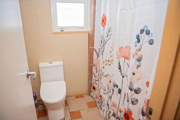 a white toilet sitting next to a shower curtain