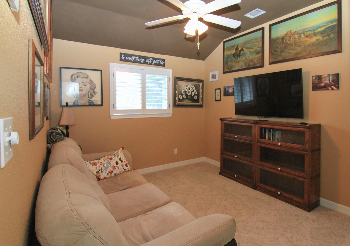 219 Young Ranch Road Georgetown, TX 78633 - Photo 31 of 40 Bedroom featuring light colored carpet, lofted ceiling, and ceiling fan