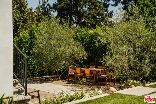 a view of a yard with plants and trees beside of it