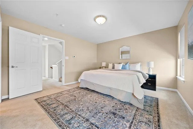 a bedroom with a bed and a rug