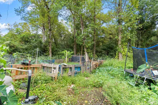 a garden view with a seating space