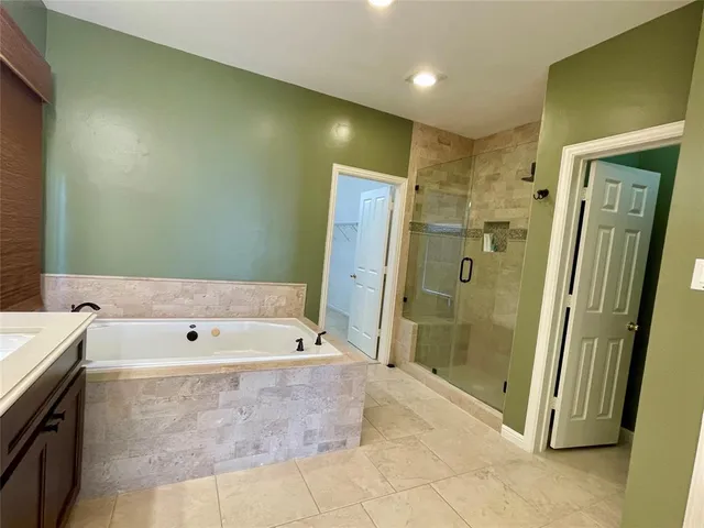 a bathroom with a tub a sink and shower