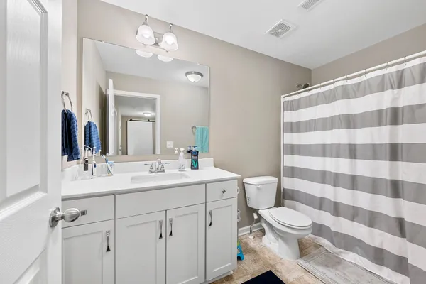 a bathroom with a sink a toilet a large mirror and shower curtain