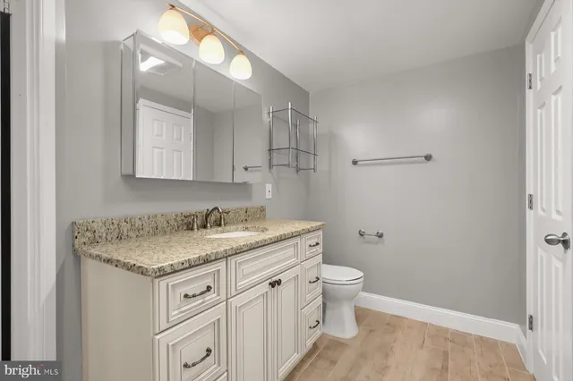 a bathroom with a granite countertop sink a toilet and a mirror