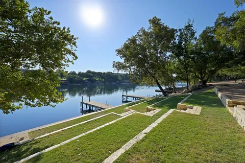 a view of a lake with a park