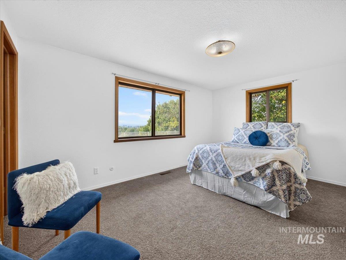 8989 Hillview Road Emmett, ID 83617 - Photo 23 of 50 Carpeted room featuring white walls, two windows with wood-frame trim, and a ceiling-mounted light fixture