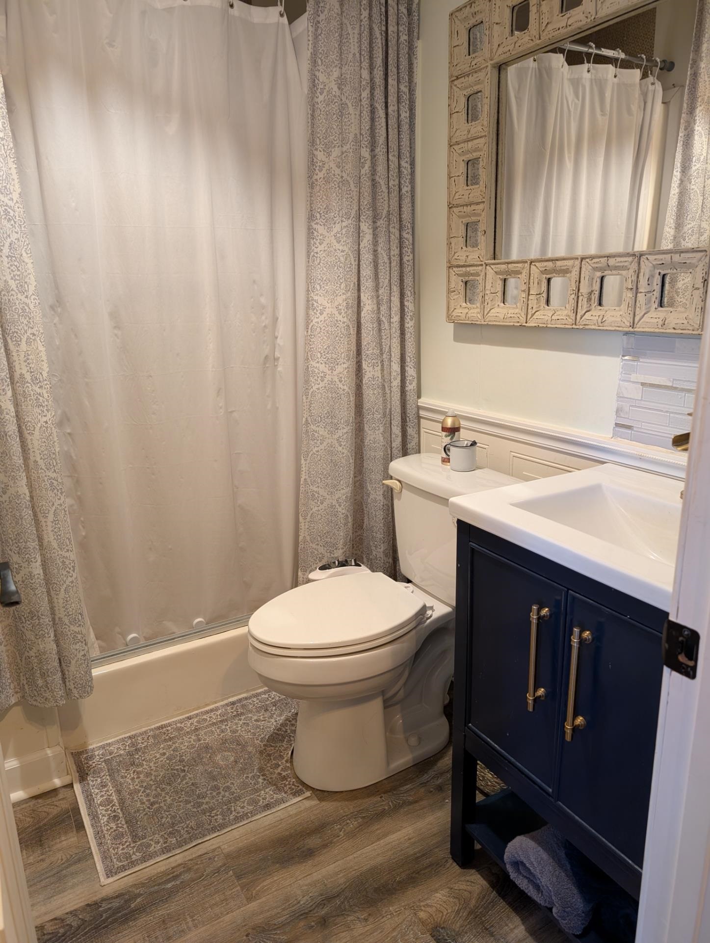 3 Poolside Drive Murrells Inlet, SC 29576 - Photo 17 of 40 Full bath featuring vanity, dark wood-style floors, and curtained shower